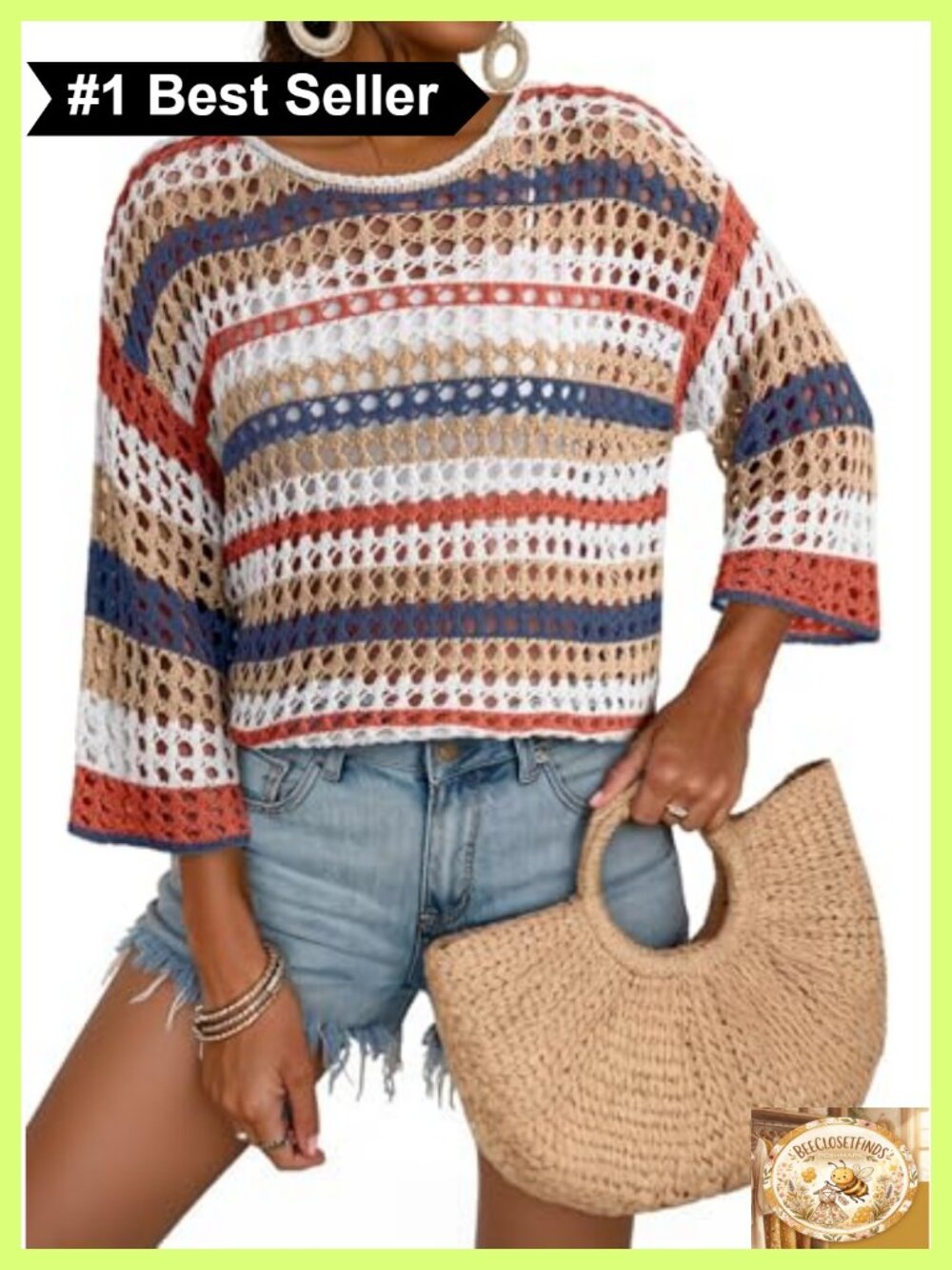 Womens Crochet Sweater 3/4 Sleeve Color Block Striped Oversized Beach Coverup